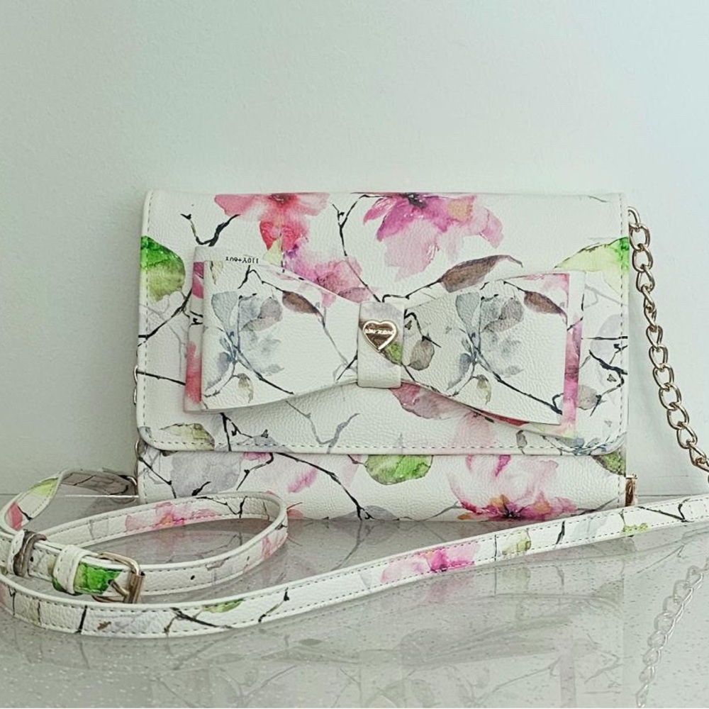Betsey Johnson White Floral Bow Crossbody with Pink and Green Accents